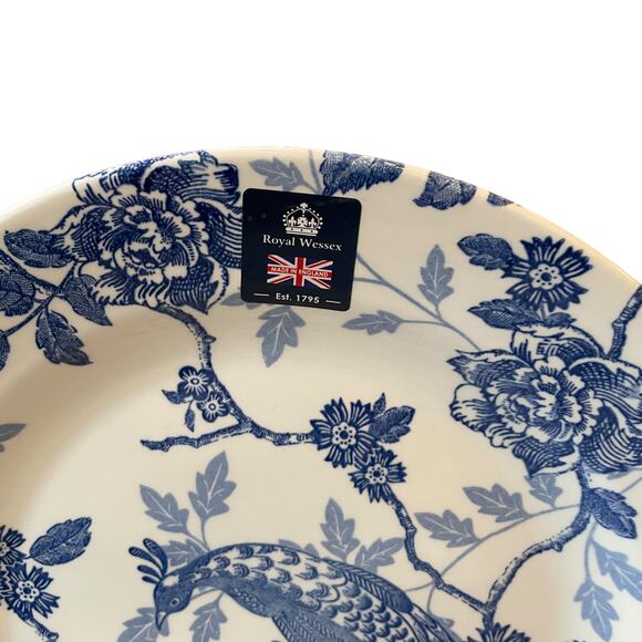 ROYAL WESSEX KUJAKU Bird 10.5” Dinner Plates Set of 2 Blue & White Pheasant NEW - Picture 5 of 8
